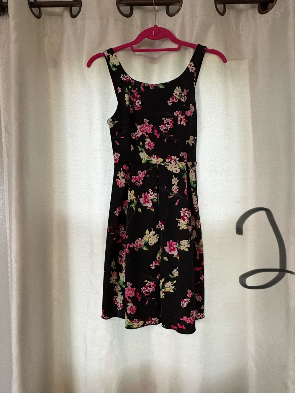 Floral Scoop Neck Black Dress with Pink Blossom Print